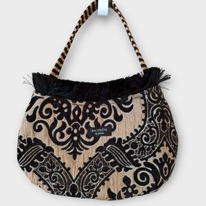 Bagolitas Whimsical Black Tan Tapestry Tote Fringe Trim Stripe Handles Handbag